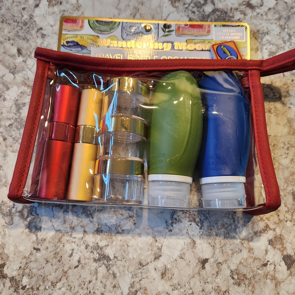 Travel Makeup Set with Red Lipstick and Gold Containers